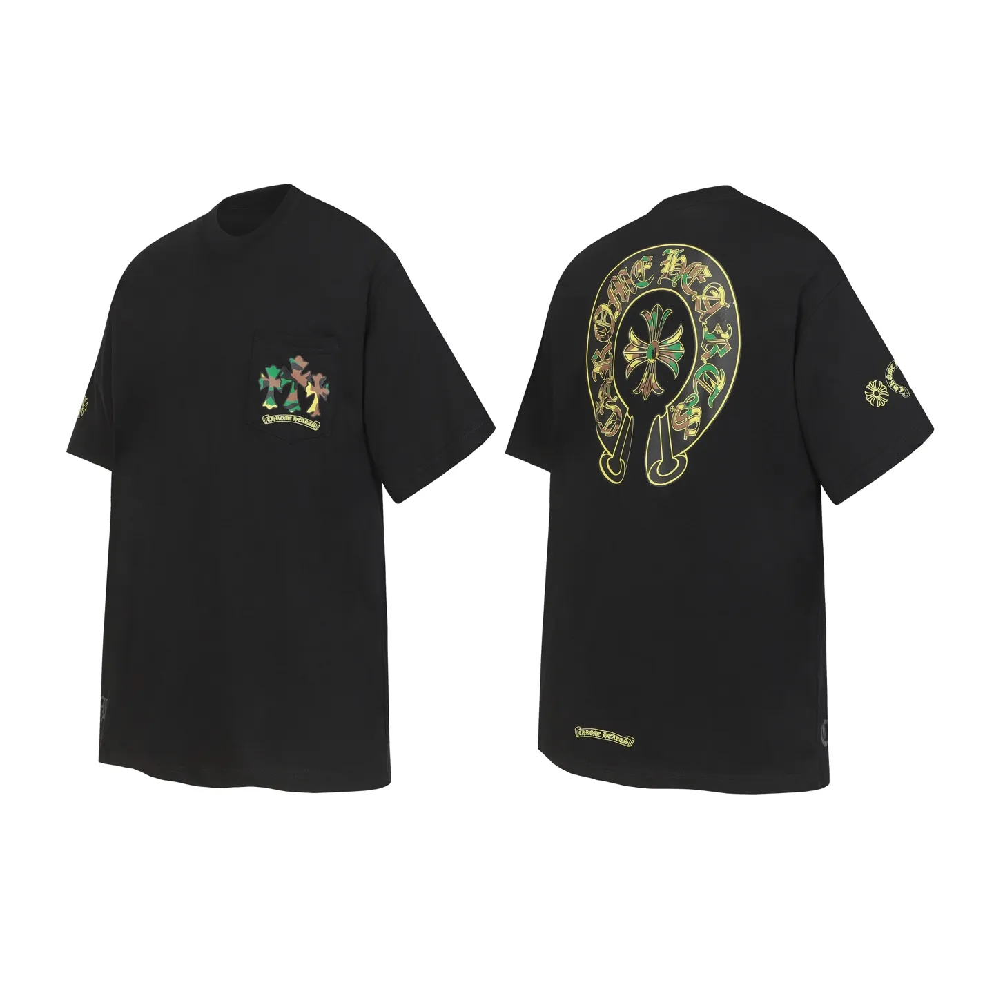 P160 Cross-border running quantity model, please do not place an order if you pursue quality - Chrome Hearts/Chrome Hearts green military flower Sanskrit horseshoe print popular short-sleeved T-shirt - High weight, high density and high quality, soft, delicate and skin-friendly wool, soft and silky to the touch, excellent warmth and skin-friendly properties - Custom-woven and custom-dyed, no color difference, no matter the fabric or workmanship details, beat the ordinary version on the market -Colour: black white -Size: S M L XL